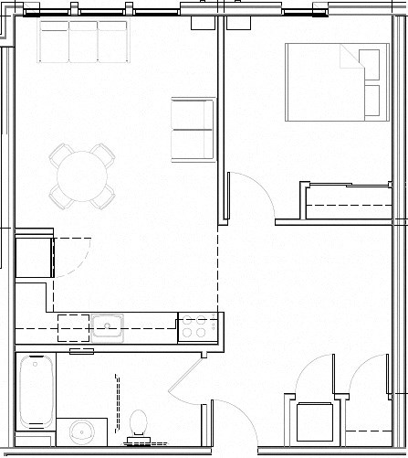Floor plan for 1 bed, 1 bath, 698 sqft